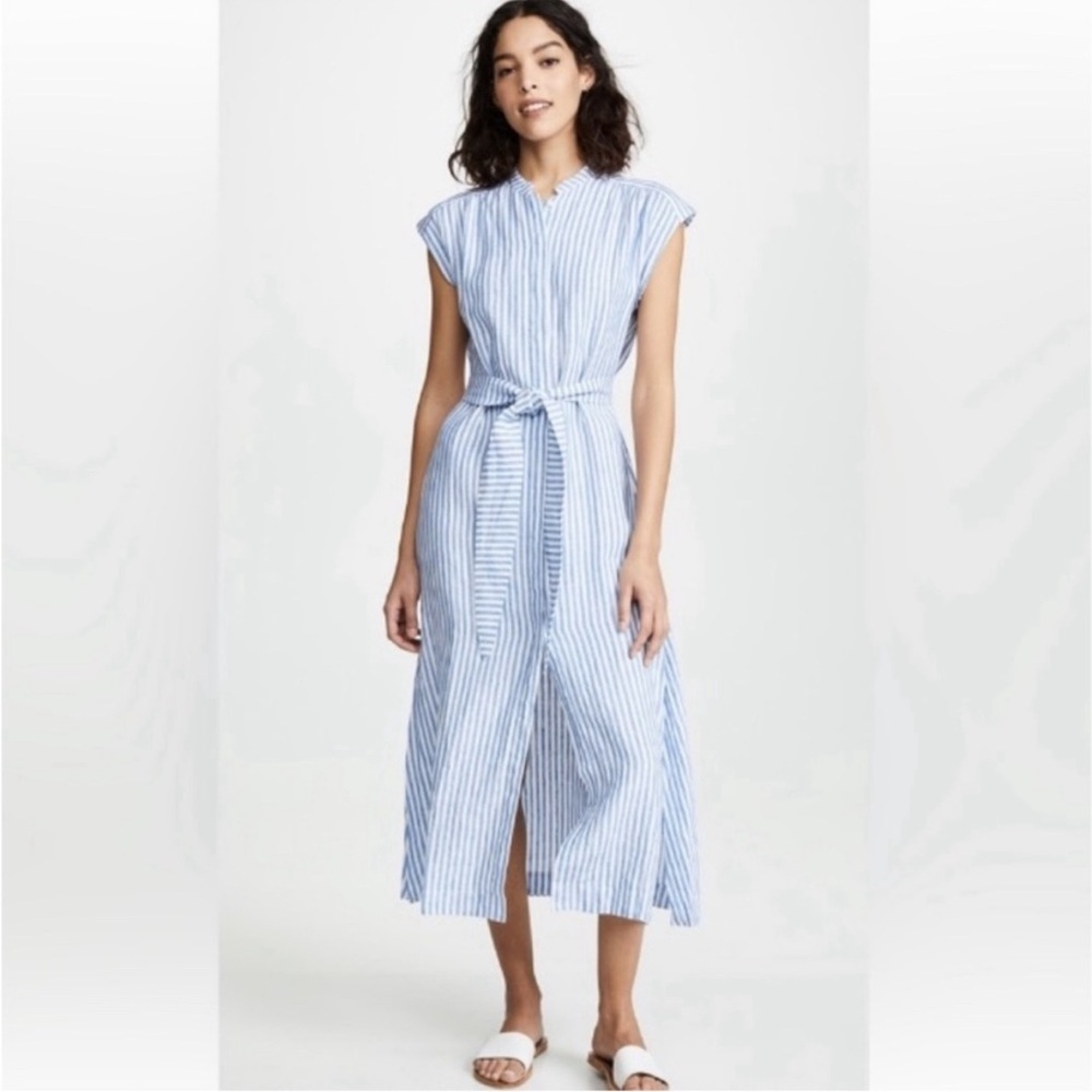 AYR The Sunset dress 100% Linen White and Blue Stripes Midi Size XS